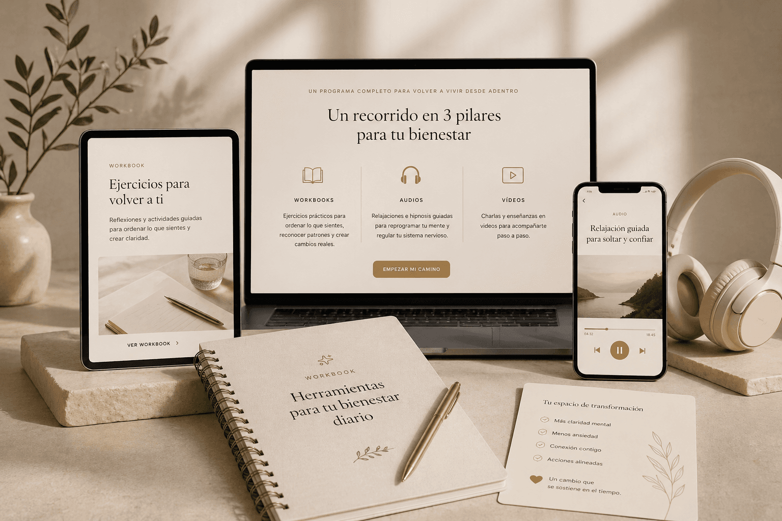 Materiales del programa de bienestar en portátil, tablet, móvil y workbook