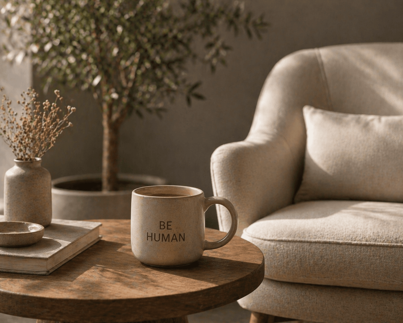 Rincón cálido con butaca crema, olivo en maceta y taza 'Be Human' sobre mesita