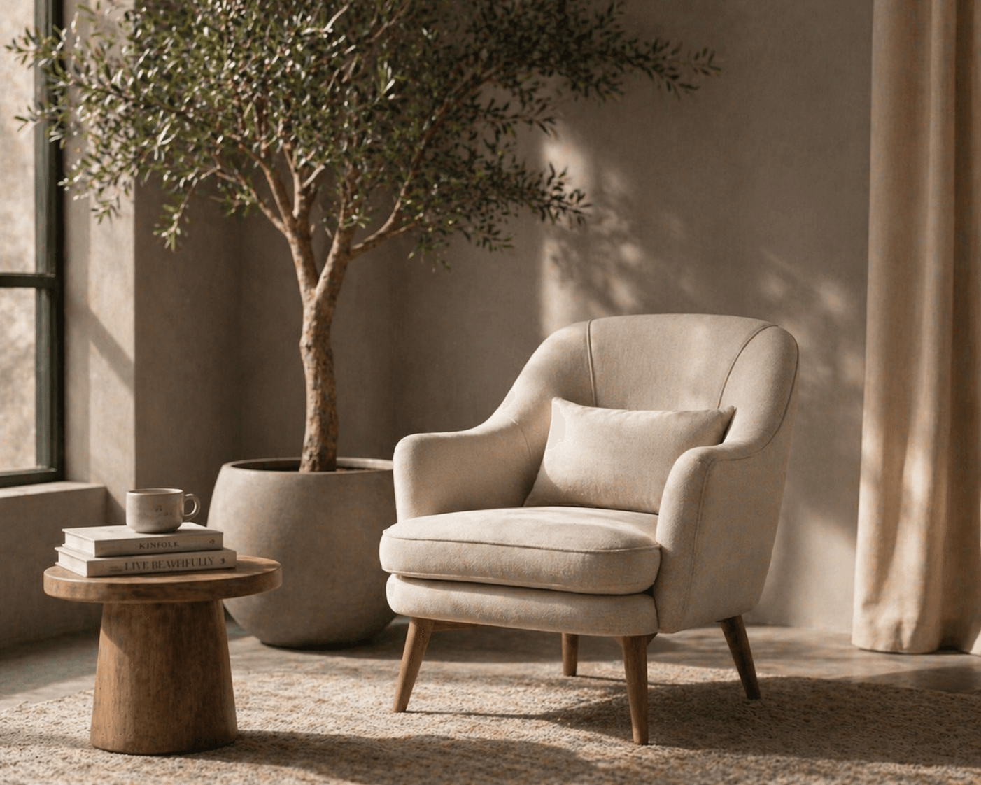 Butaca junto a un olivo en maceta frente a una ventana, interior luminoso