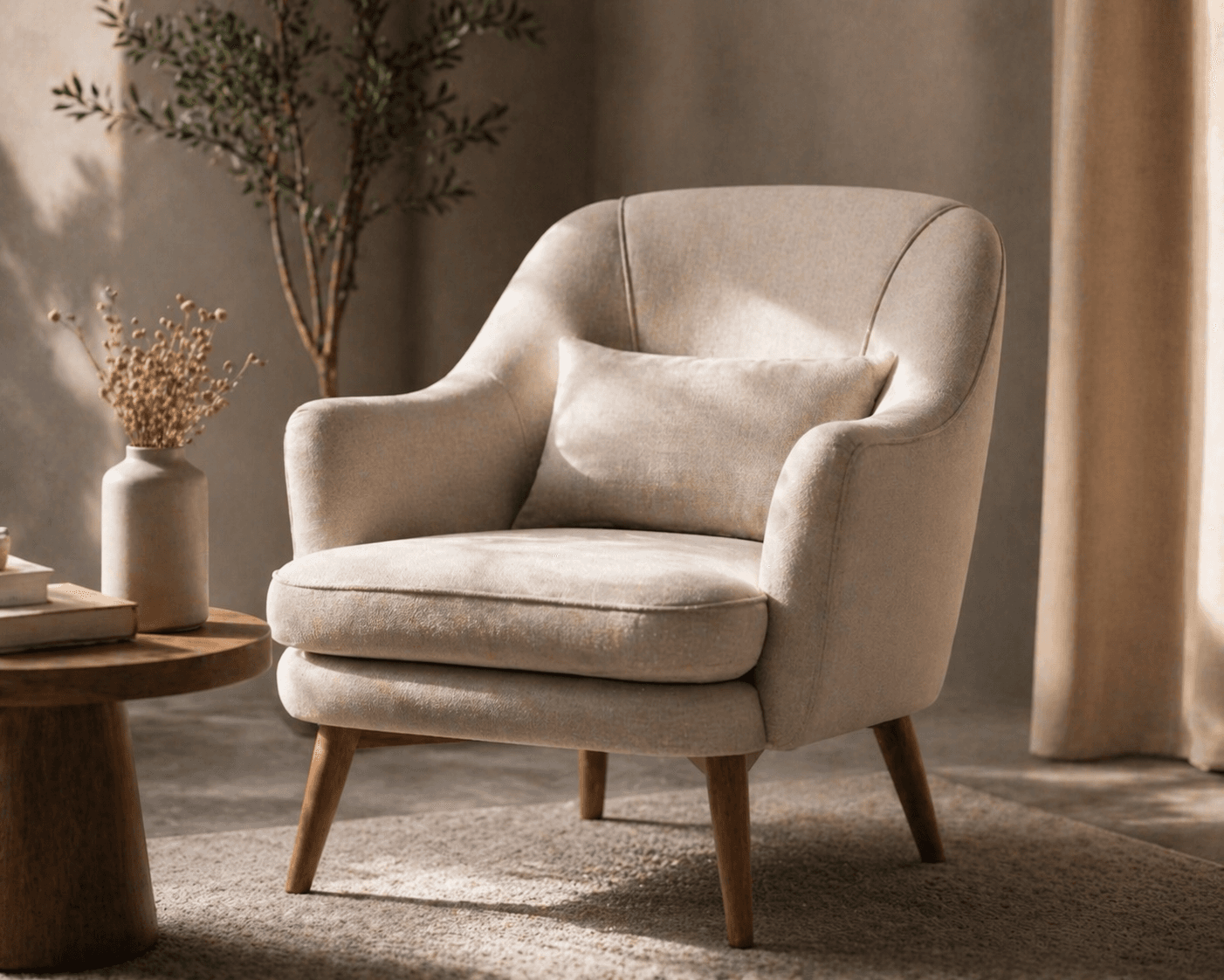 Butaca de lino crema junto a una mesita de madera y ramas secas en un jarrón