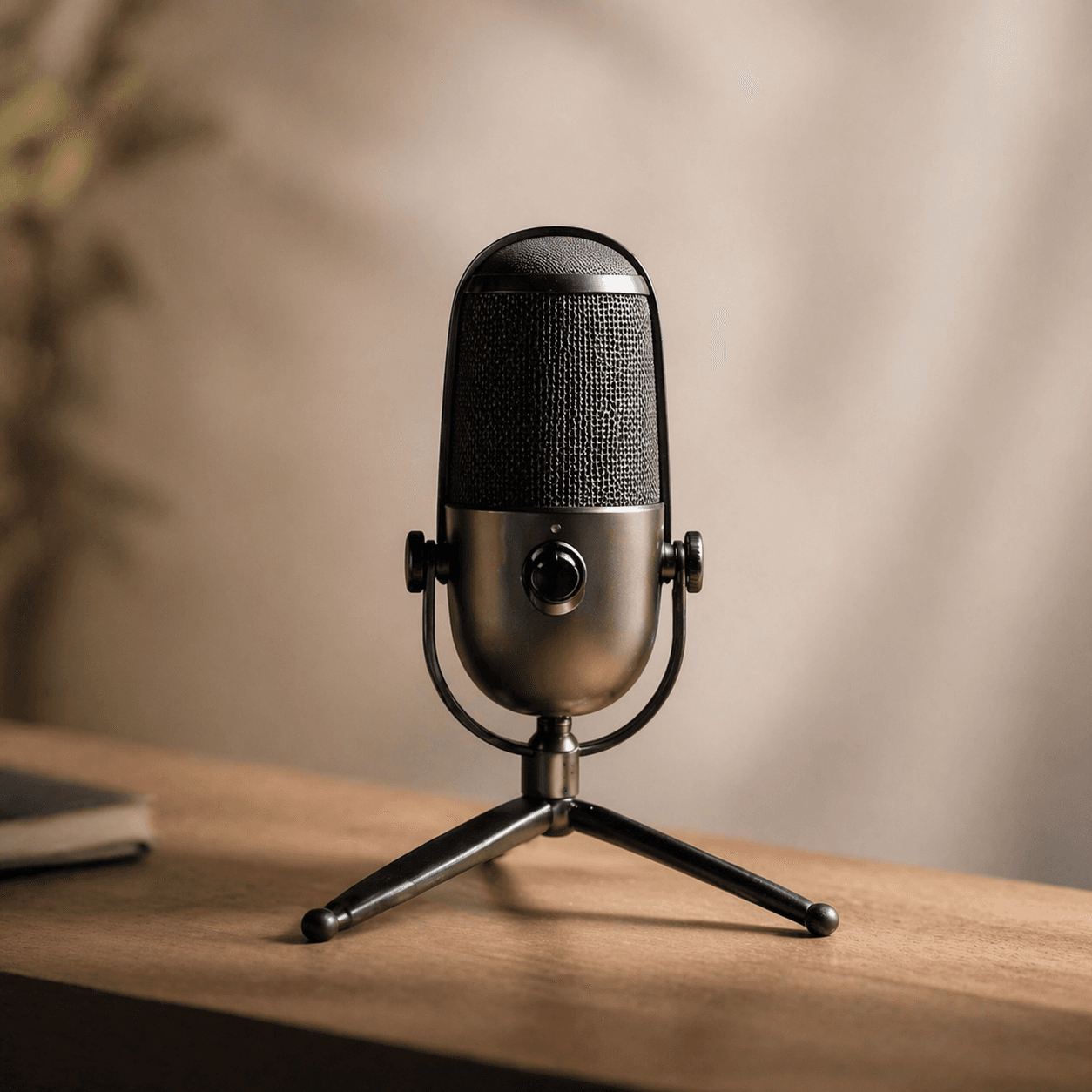 Micrófono condensador de podcast sobre una mesa de madera