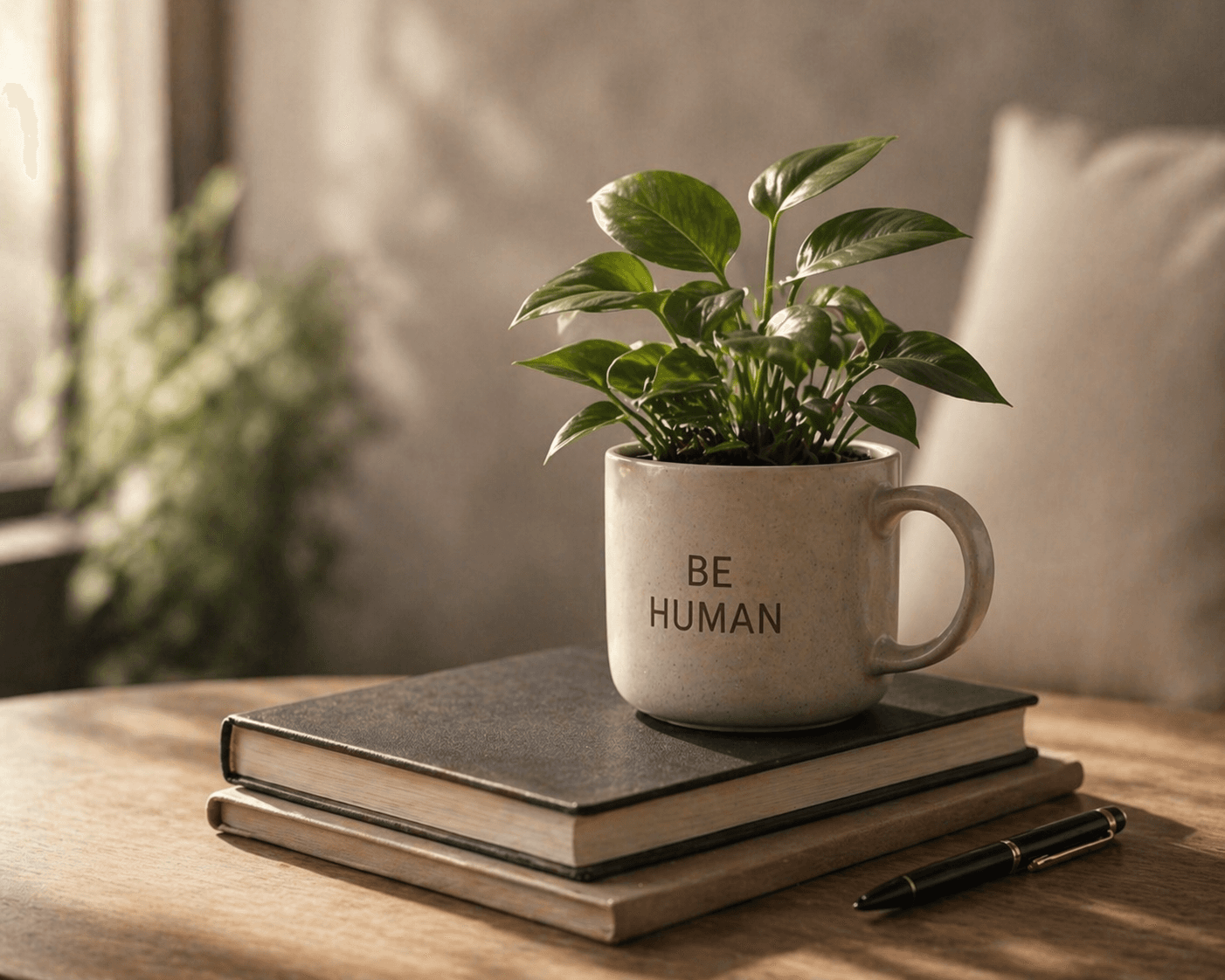Taza con la frase 'Be Human' sosteniendo una planta verde sobre libros