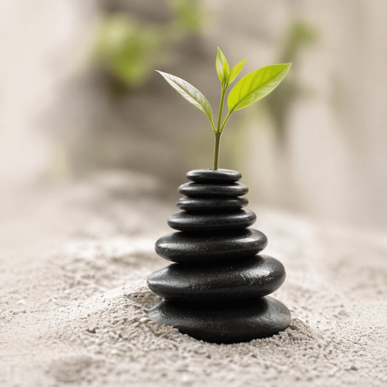 Pila de piedras oscuras apiladas con un brote verde creciendo sobre ellas